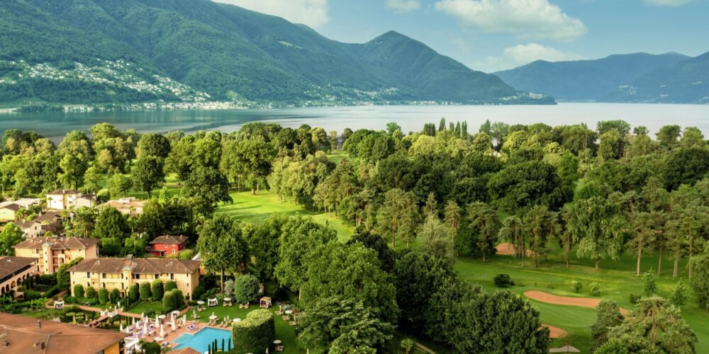 Drone shots of Hotel Giardino Ascona, Ascona golf course, and Lake Maggiore